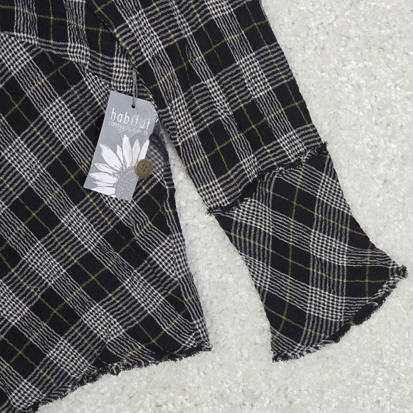 Habitat Womens Top Small Black Gray Plaid Gauzy Button Front Long Sleeve NWT - Picture 2 of 13